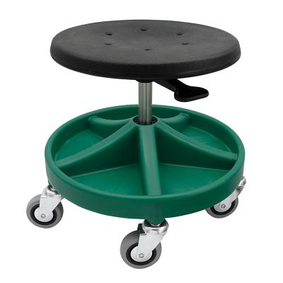 Monteringsstol/Arbetspall med säte i PU-skum, fotstöd med 5 fack, 5xØ75 hjul och höjd 310-390 mm (GRÖN)